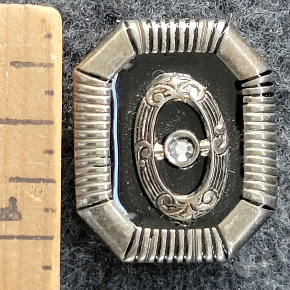 Vintage Art Deco Cufflinks Silver‎ Tone Black Enamel Glass Centerpiece Geometric